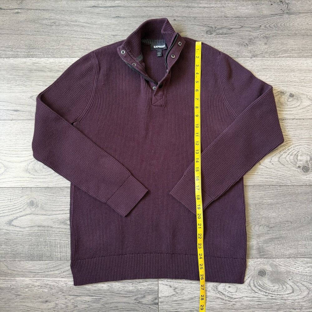 Express Men’s Burgundy Ribbed Knit Mock Neck Sweater Zip Button - Size Large - Picture 6 of 7